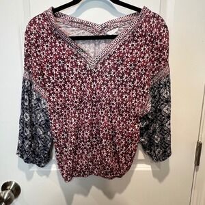 Lucky Brand Women's XS Floral Print V Neck 3/4 Sleeve Blouse Top Burgundy